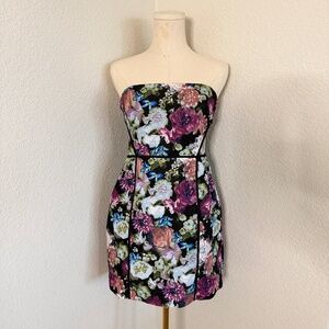 Floral Strapless Mini Dress Black Multicolor Print Size M